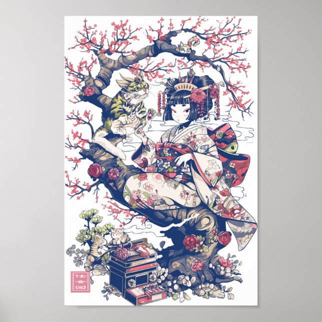 Poster Geisha With Dragon and Cats 37010 (Devant)