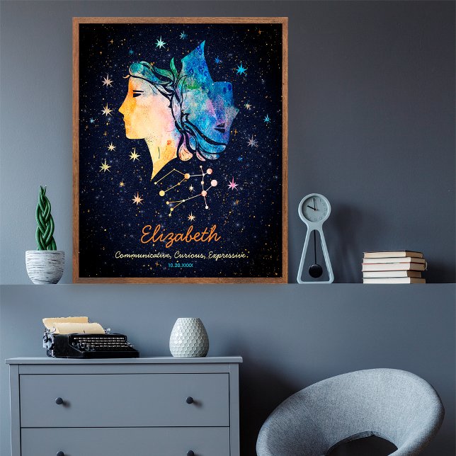 Poster Gemini Constellation Zodiac Aquarelle Star Galaxy (Créateur téléchargé)