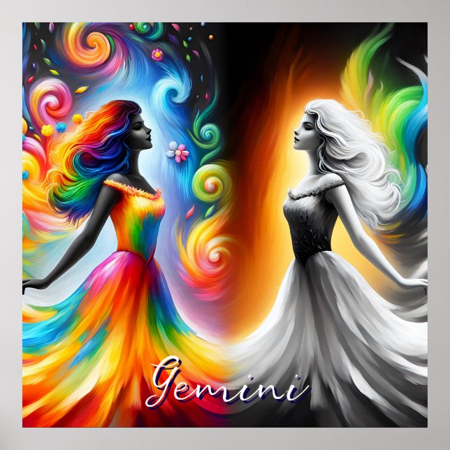 Poster Gemini Twins Couleur et noir et blanc Horoscope (Devant)