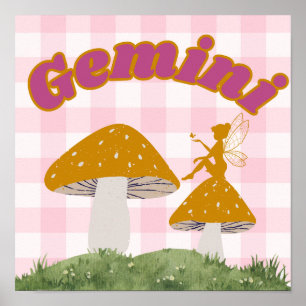 Poster Gemini Zodiac Cottagecore Fée Champignons