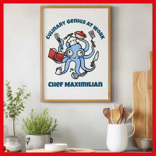 Poster Génie culinaire au travail Cute Cartoon Chef Octop