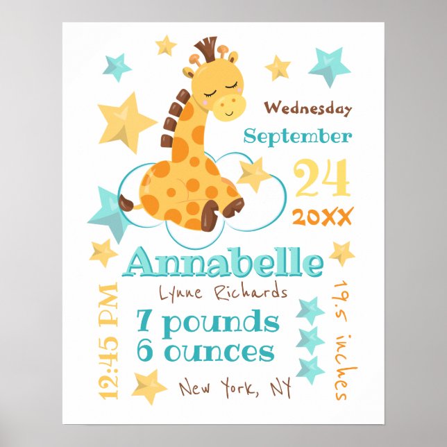 Poster Genre Neutre Mignonne Giraffe Stars Bébé statistiq (Devant)