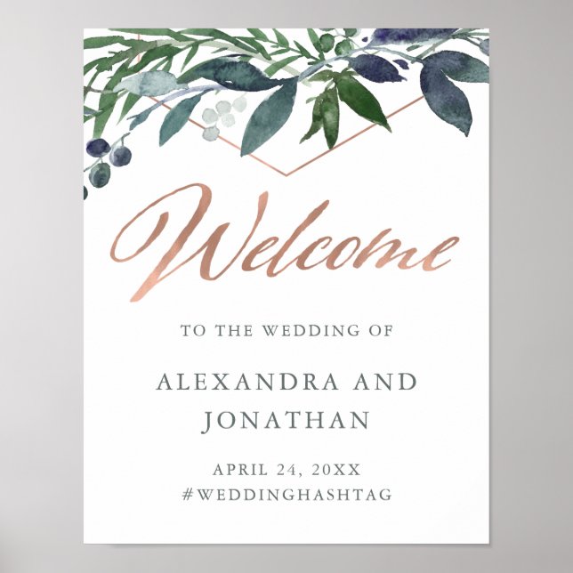 Poster Geo vert | Rose Gold Script Mariage Bienvenue (Devant)