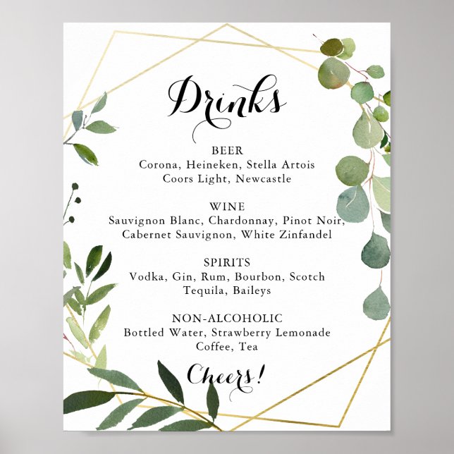 Poster Geometric Gold Tropical Wedding Drinks Menu Sign (Devant)
