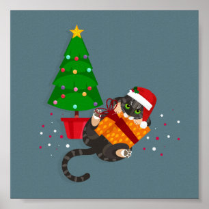 Poster Geometric Tabby Cat playing with christmas present
