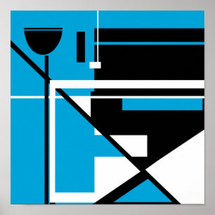 Poster Géométrie en blanc noir Abstrait sur bleu moyen