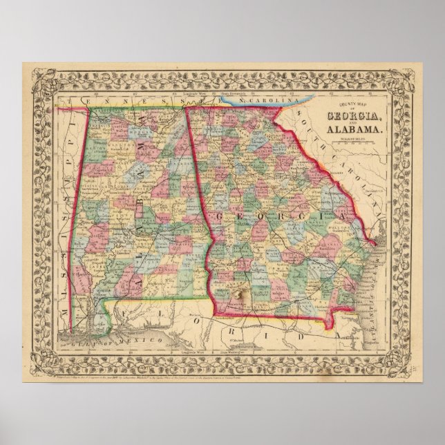 Poster Géorgie, Alabama Carte par Mitchell (Devant)
