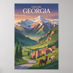 Poster Géorgie Caucase Montagnes Voyage Art Vintage