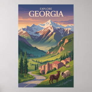Poster Géorgie Montagnes du Caucase Voyage Art Vintage