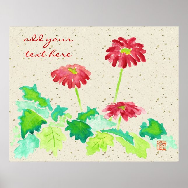 Poster Gerbera aquarelle peinture rouge vert papier de Wa (Devant)