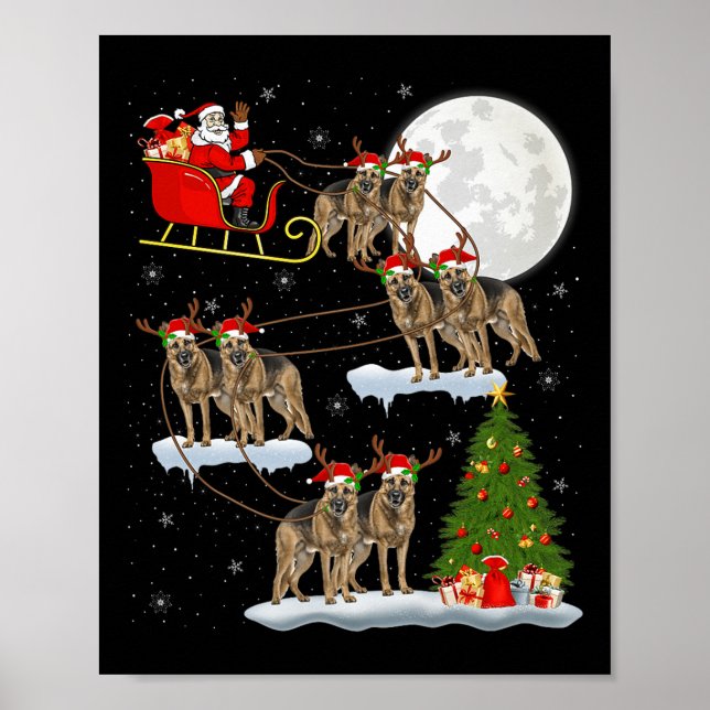 Poster German Shepherd Dog Santa Sleigh Flying Funny Chri (Devant)