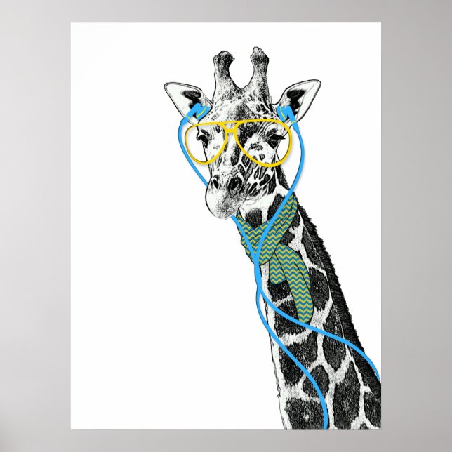 Poster Ggirafe cool et tendance avec lunettes, écouteurs (Devant)
