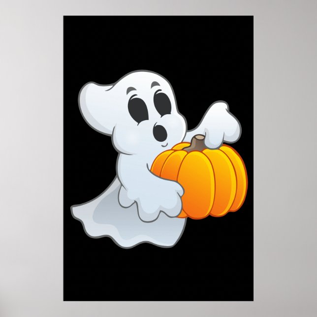 Poster Ghost animé mignon avec Citrouille (Devant)