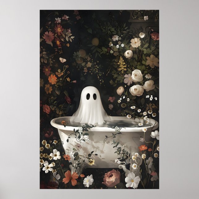 Poster Ghost Bathtub Floral Portrait, Dark Academia (Devant)