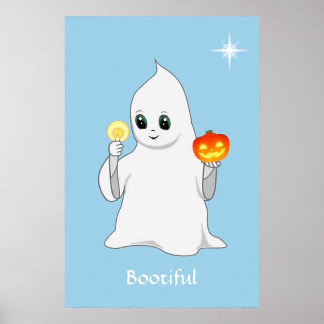 Poster Ghost & Citrouille d'Halloween mignon sur bleu cla (Devant)