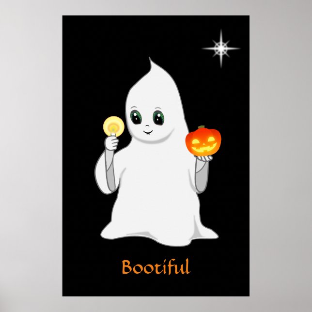 Poster Ghost et Citrouille d'Halloween mignon en noir (Devant)