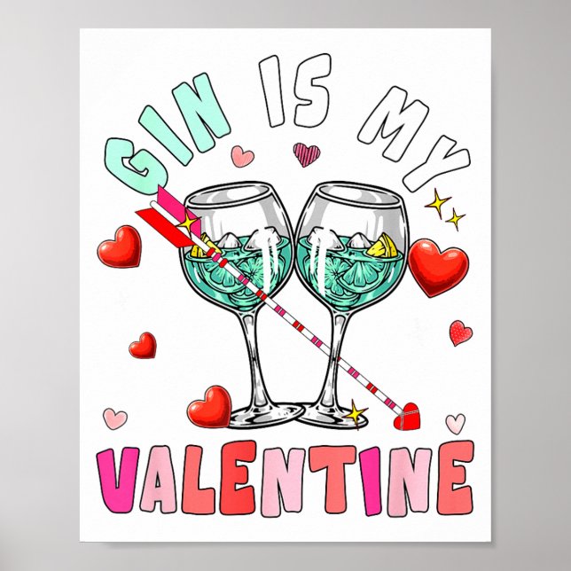 Poster Gin Is My Valentine Hearts Matching Drinker Family (Devant)