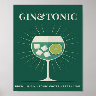 Poster Gin Tonic Rétro Graphique de Cocktail Vert Foncé