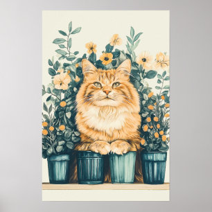 Poster Ginger Tabby Cat entouré de fleurs florissantes