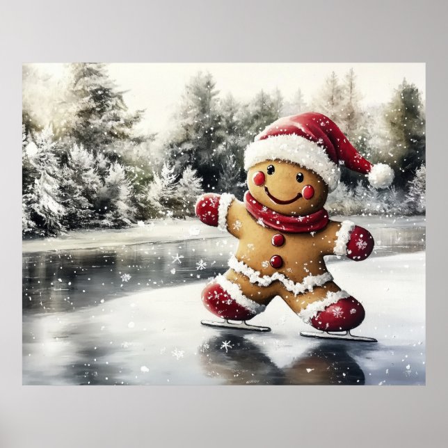 Poster Gingerbread Man Skating Print Christmas Art (Devant)