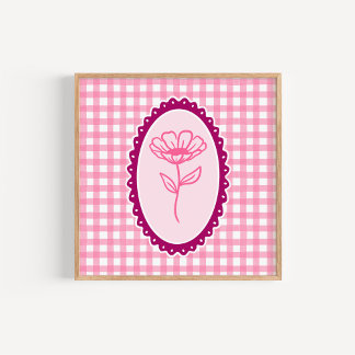 Poster Gingham rose et blanc et cadre d'art floral