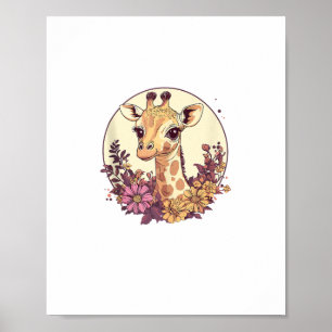 Poster Girafe adorable entouré de fleurs _7