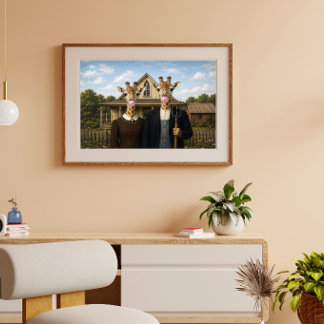 Poster Girafe American Gothic soufflant du bubble gum ros