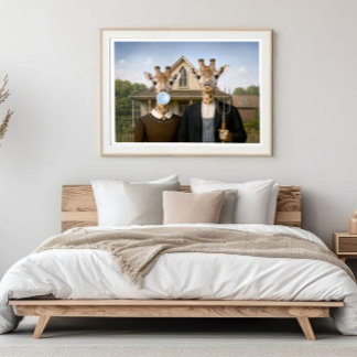 Poster Girafe American Gothic soufflant un bubble gum ble
