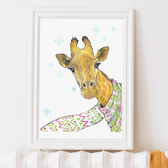 Poster Girafe avec foulard Joli hiver Art animal Pépinièr (Créateur téléchargé)