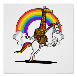Poster Girafe chevauchant Licorne Magique Arc-en-ciel Drô