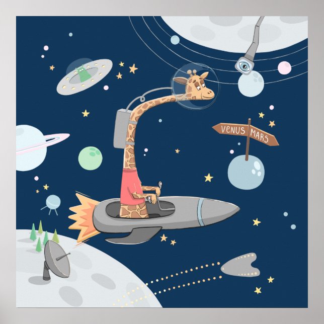 Poster Girafe dans l'espace. Planètes. Nurserie pour enfa (Devant)