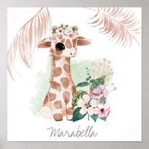 Poster *~* Girafe de nom de bébé Rose Gold Fille Jungle D