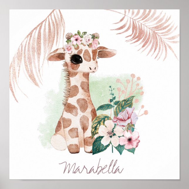 Poster *~* Girafe de Noms de Bébé Rose Doré Fille Jungle  (Devant)