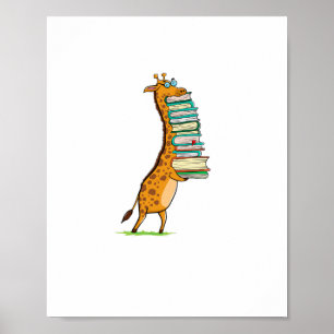 Poster Girafe drôle de lecture de livre J'adore ma biblio