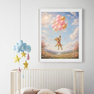 Poster Girafe fleurs roses ballons flottants 