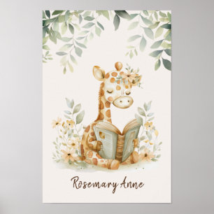 Poster Girafe lisant des livres nurserie jungle animal 