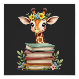 Poster Girafe Mignonne Avec Livre Floral Bibliophile Bibl