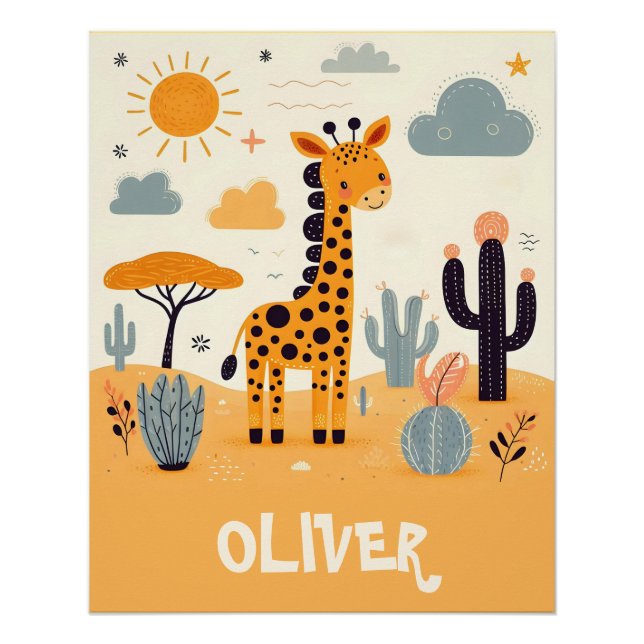 Poster Girafe Mignonne Fantaisiste dans la Savane (Devant)