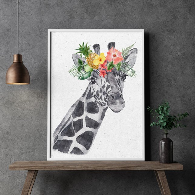 Poster Girafe noir et blanc avec couronne de fleurs anima (Créateur téléchargé)