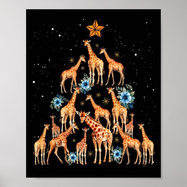 Poster Giraffe Christmas Tree Floral Giraffe Xmas Lights  (Devant)