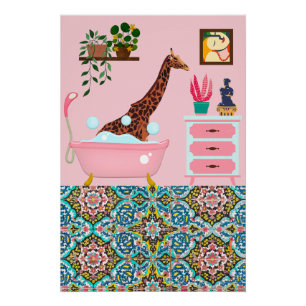 Poster Giraffe de bain rose art mur Imprimer
