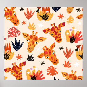 Poster Giraffe de dessin : Floral Savanna Motif