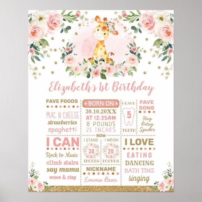 Poster Giraffe de fleurs d'or rose 1er anniversaire Jalon (Devant)