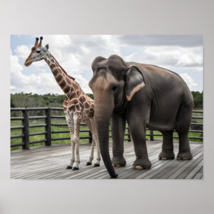 Poster Giraffe élégante et paire d'éléphants sur pont en 