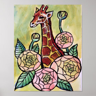 Poster Giraffe et fleurs Giraffes illustration florale