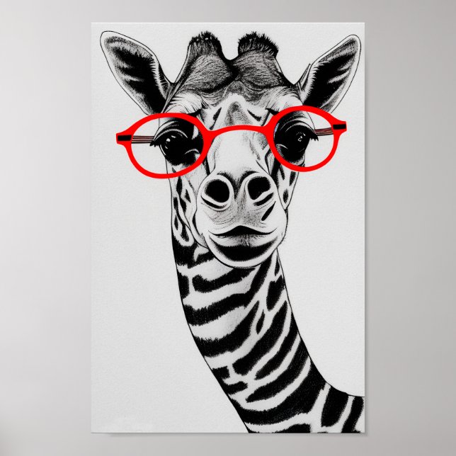 Poster Giraffe Hipster en Lunettes rouges Giraffe Dessin  (Devant)