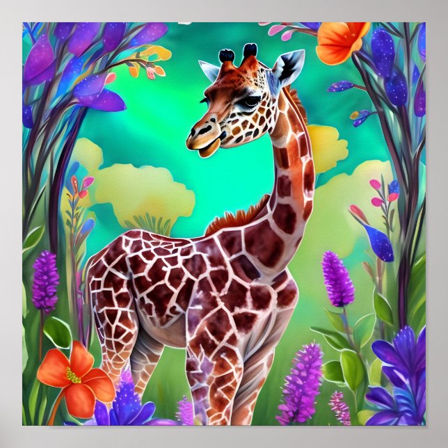 Poster Giraffe mignonne entourée de fleurs (Devant)