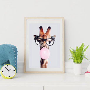 POSTER GIRAFFE PORTANT DES LUNETTES SOUFFLANT UN BUBBLE G