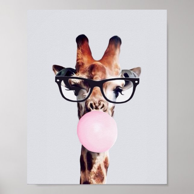 POSTER GIRAFFE PORTANT DES VERRES SOUFFRANT UN BUBBLEGUM  (Devant)