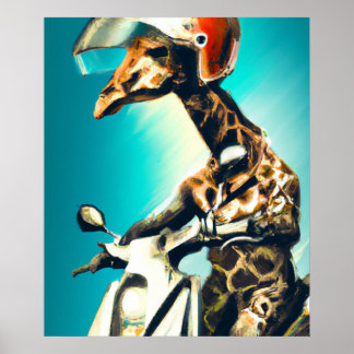 Poster Giraffe portant un casque sur moto Art moderne AI